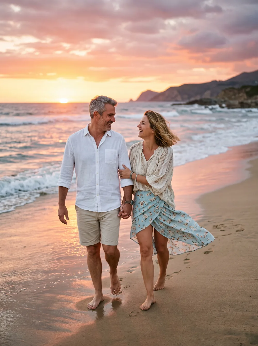 Casal caminhando na praia, com pernas saudáveis
