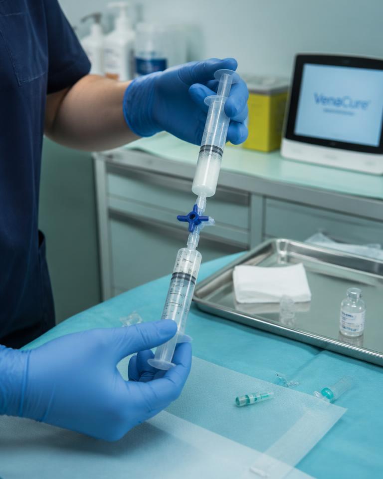 Preparo de espuma densa para tratamento de varizes em consultório