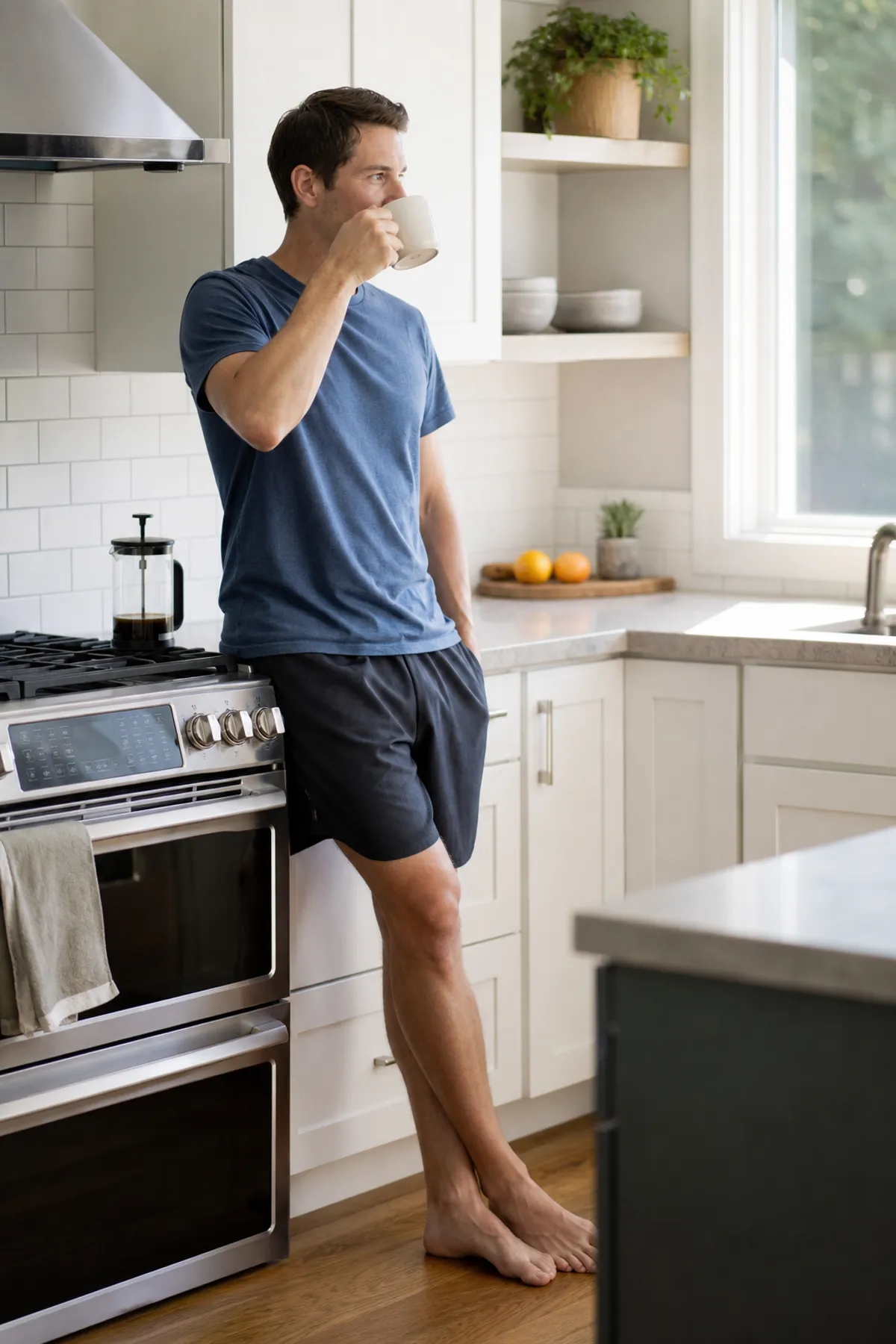 Homem adulto de bermuda tomando café em uma cozinha iluminada pela manhã