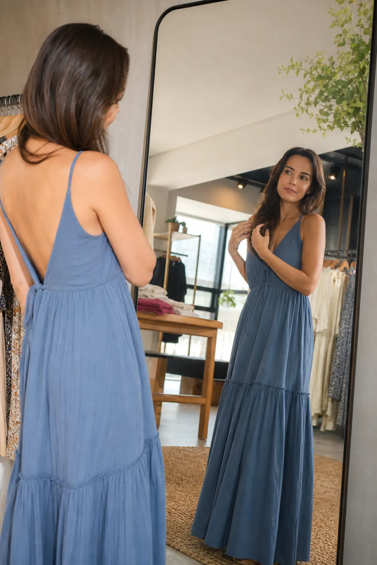 Mulher adulta escolhendo um vestido em frente ao espelho de uma loja, sorrindo