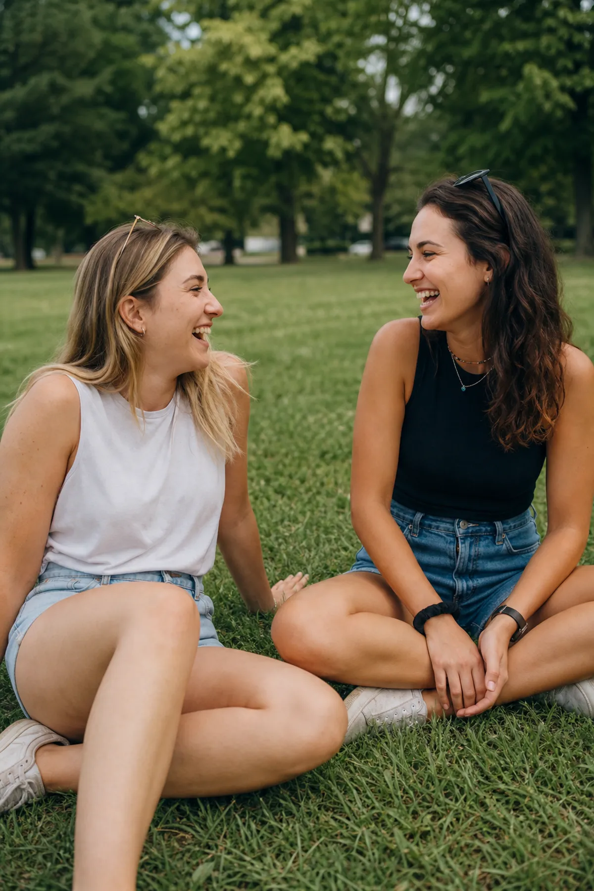 Duas amigas adultas sentadas na grama de um parque, de shorts, rindo juntas