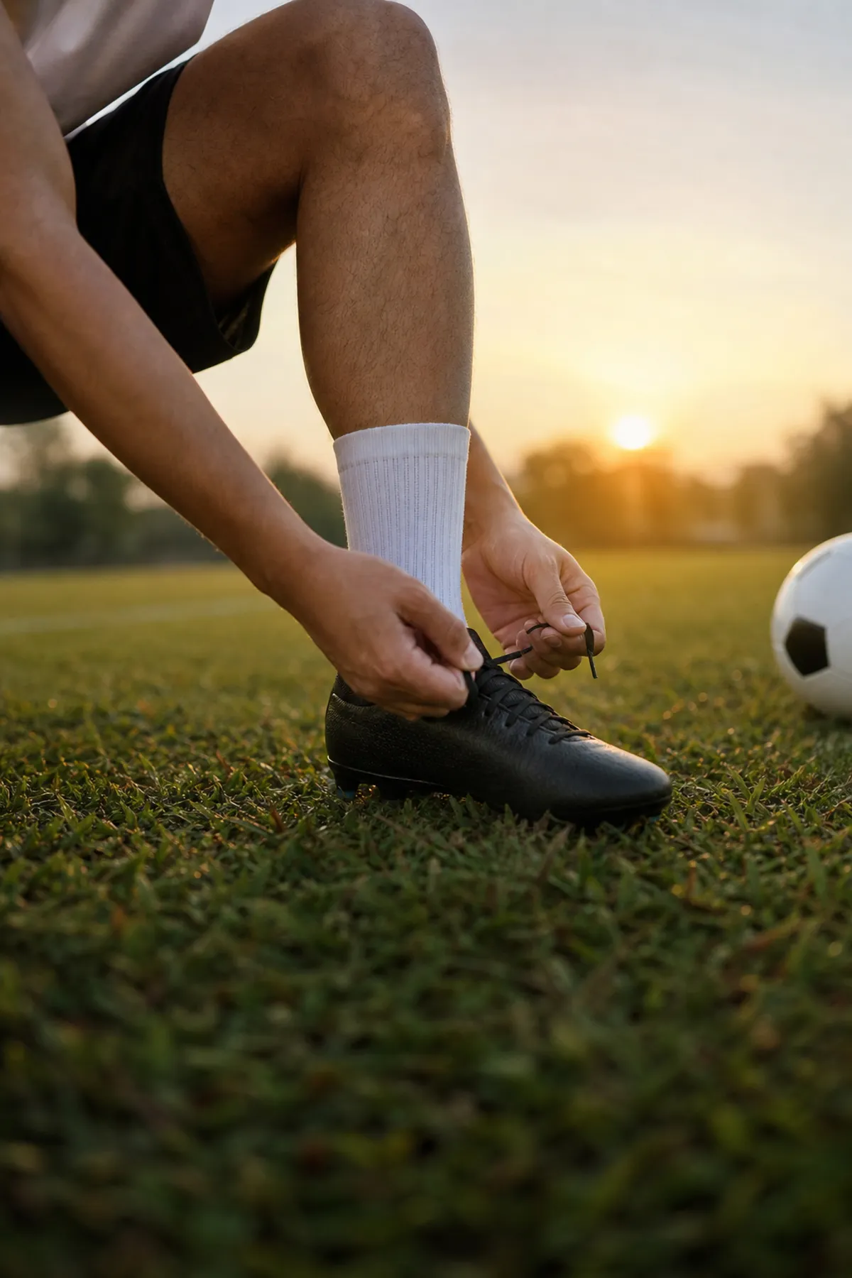 Homem adulto amarrando o cadarço da chuteira em um campo de futebol ao entardecer