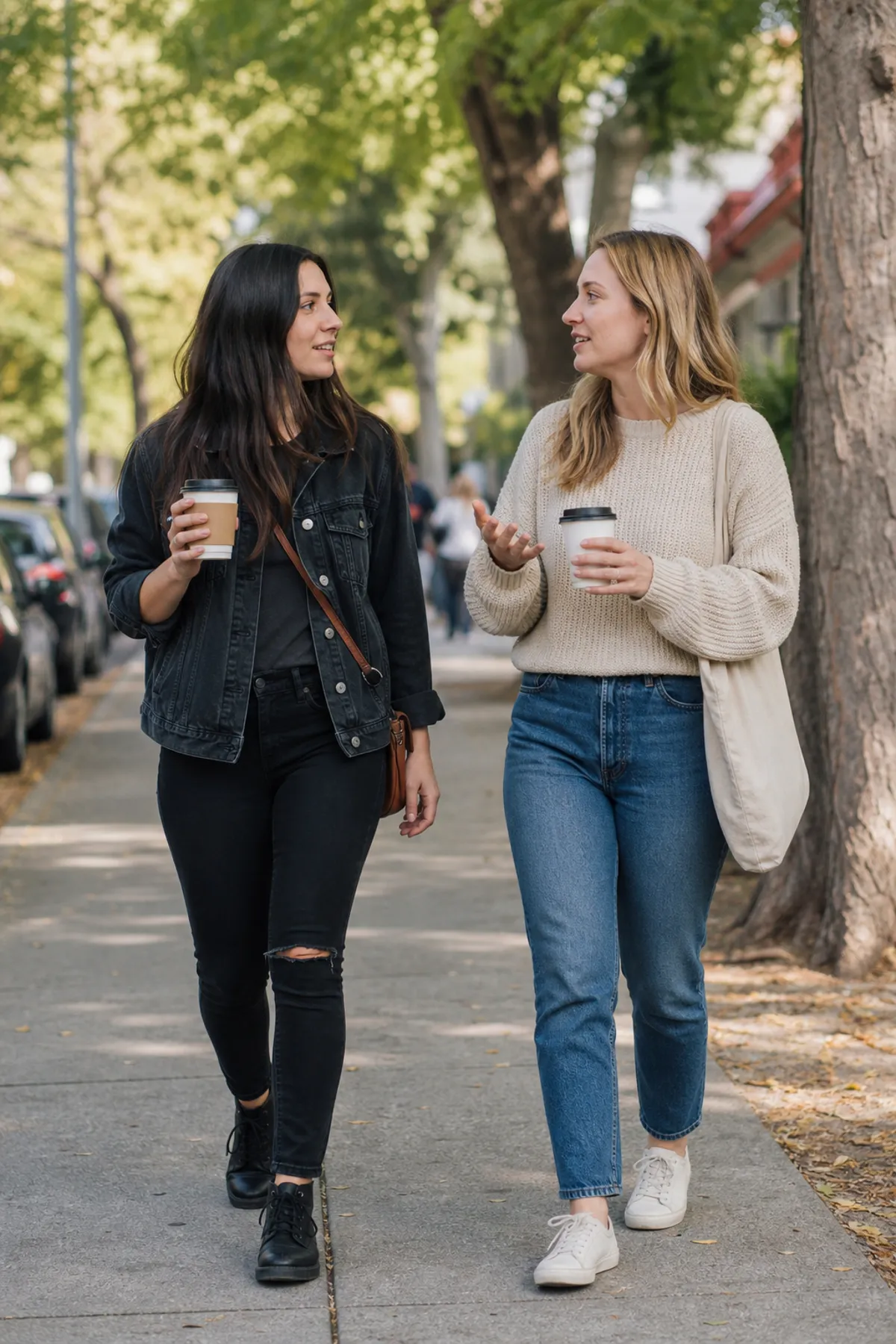 Duas mulheres adultas caminhando em uma calçada arborizada, conversando e sorrindo