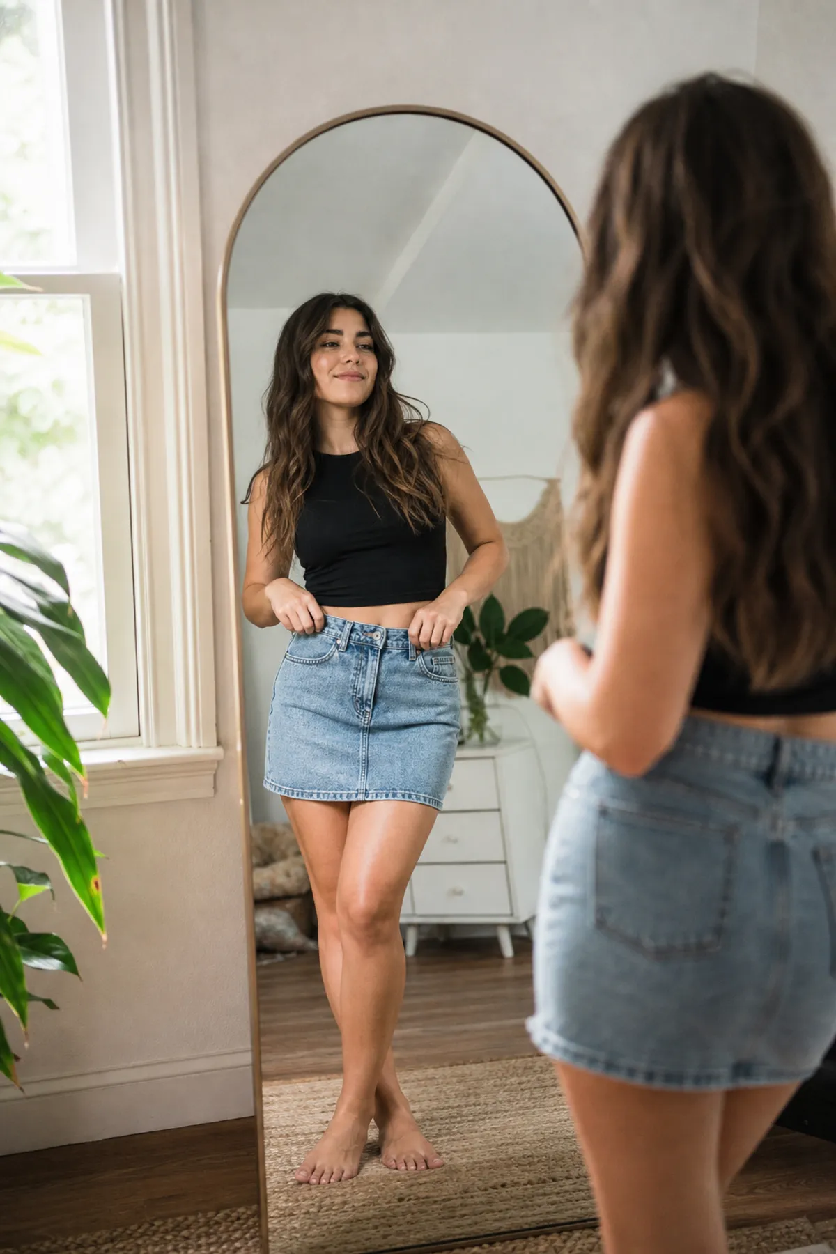 Mulher adulta se olhando no espelho de casa usando saia jeans, sorrindo com confiança